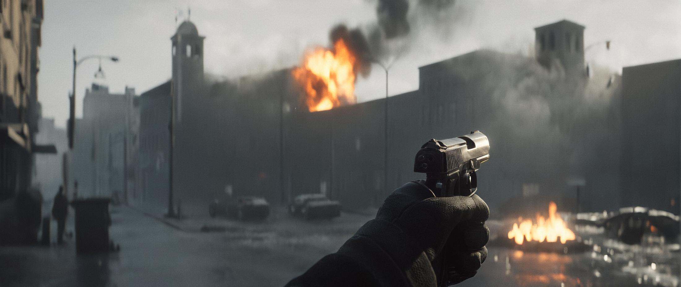 cinematic film still of In Unreal Engine style,  sharp detailed photo of a pov point of view of a person with a hand gun p...