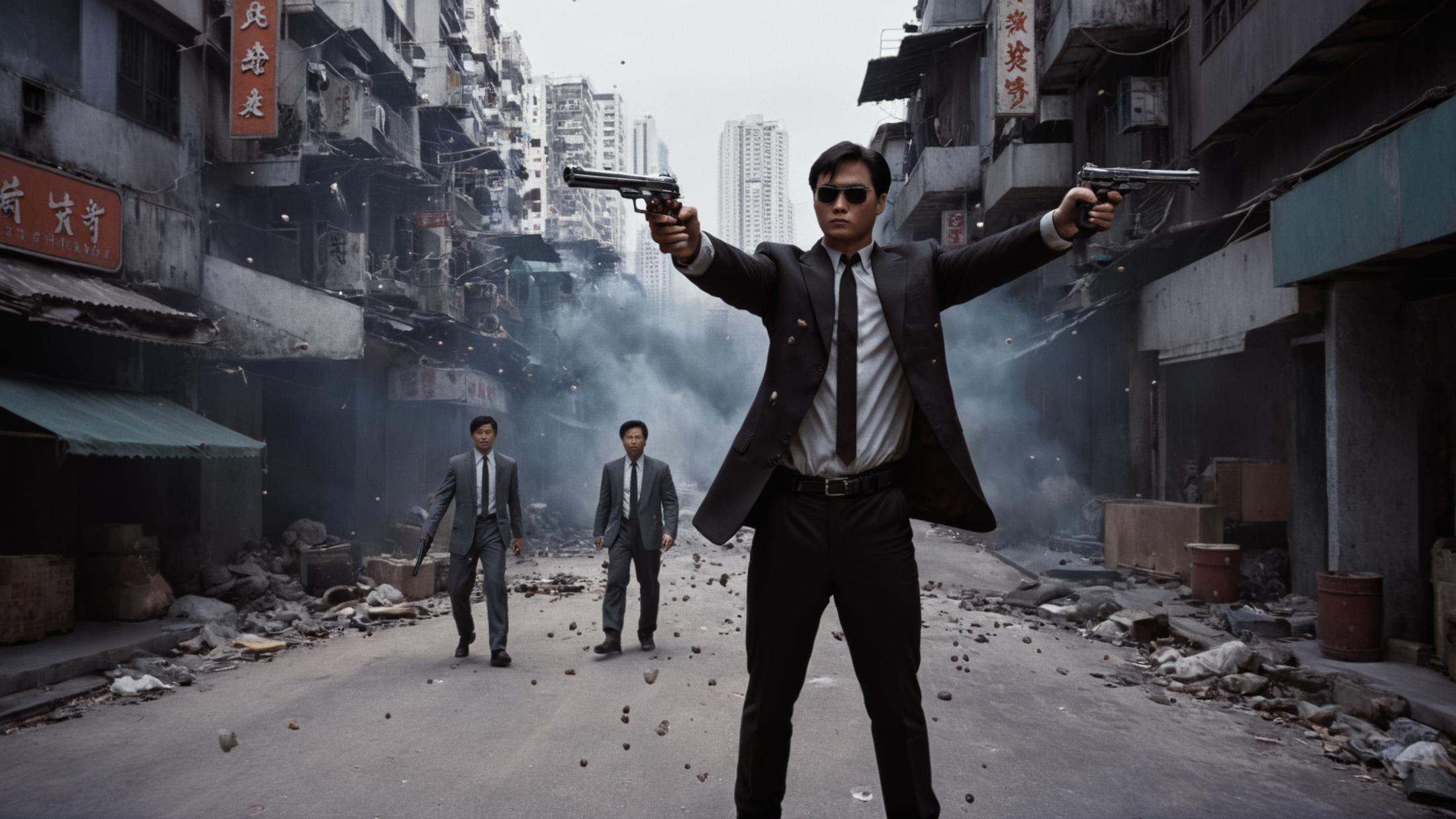 cinematic film still of In Unreal Engine style,  sharp detailed photo of In the 1980's In Hong Kong China an action hero m...