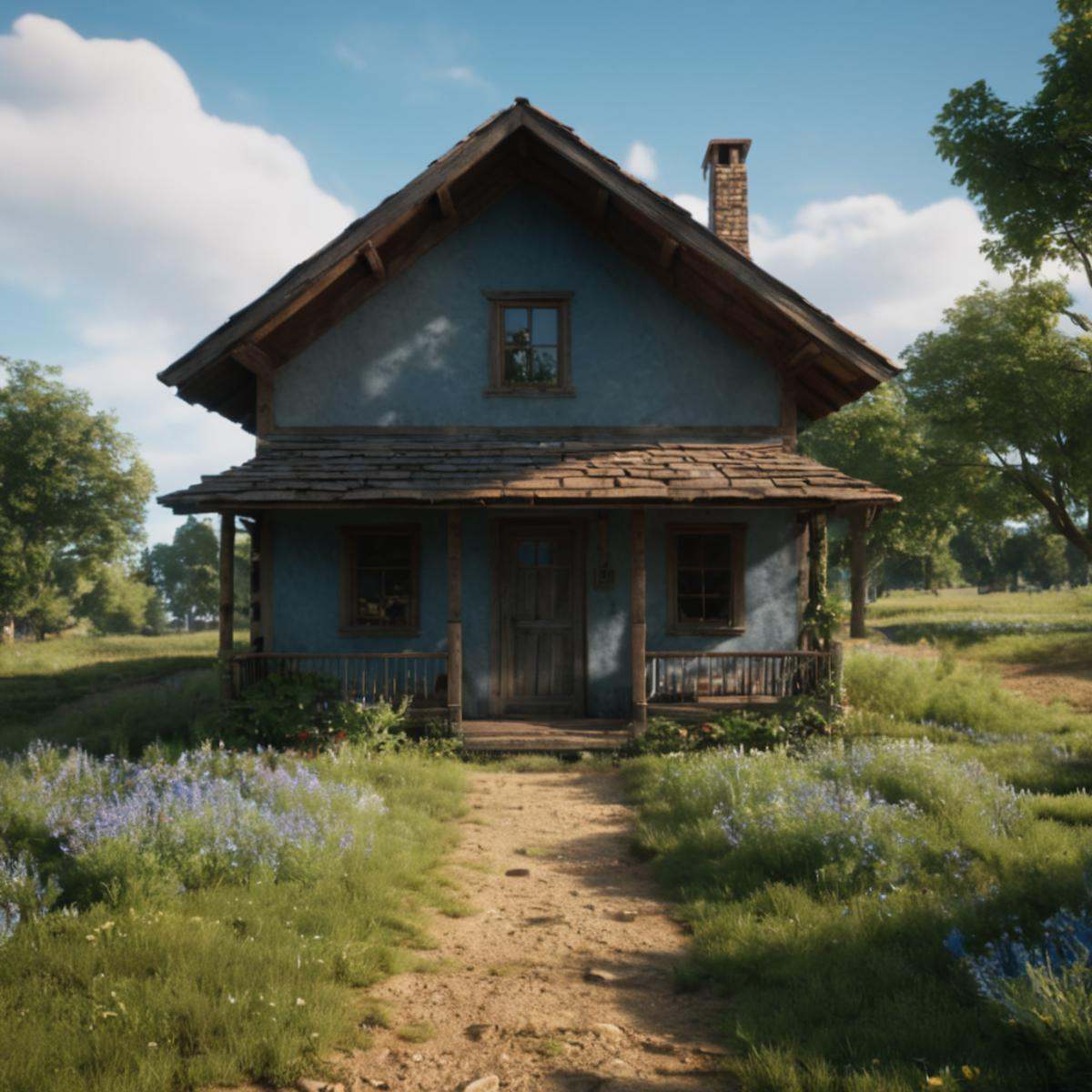 cinematic film still of An Unreal Engine image of a small house in a field with a tree,  outdoors,  sky on Tensor.Art