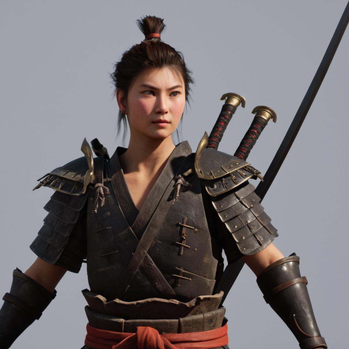 cinematic film still of An Unreal Engine image of a man in a samurai costume holding two swords,  solo,  1boy on Tensor.Art
