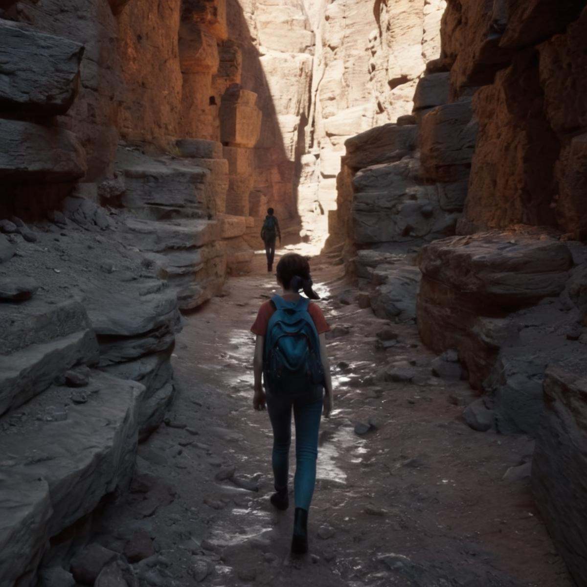 cinematic film still of An Unreal Engine image of a group of people walking through a narrow canyon,  standing,  outdoors...