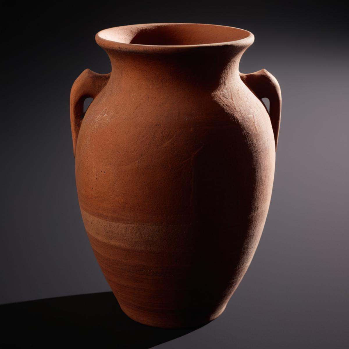 cinematic film still of An Unreal Engine image of a clay vase with a handle on a black background,  simple background,  fo...