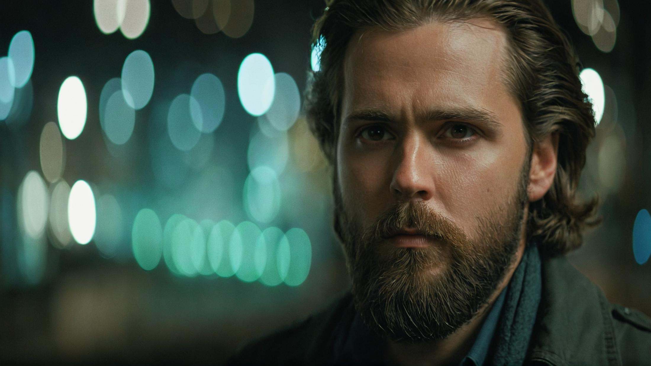 cinematic film still of perfection style detailed A beautiful Anamorphic format film photo of a man with long hair and a b...