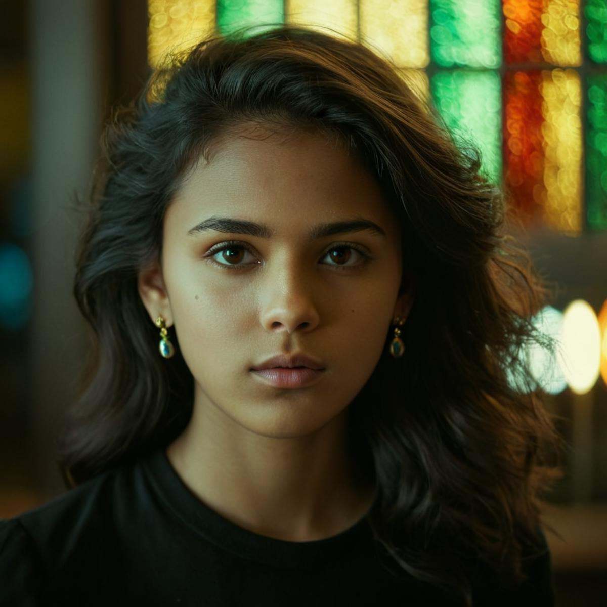 cinematic film still of perfection style detailed Anamorphic bokeh style of a woman with a black shirt and a colorful back...