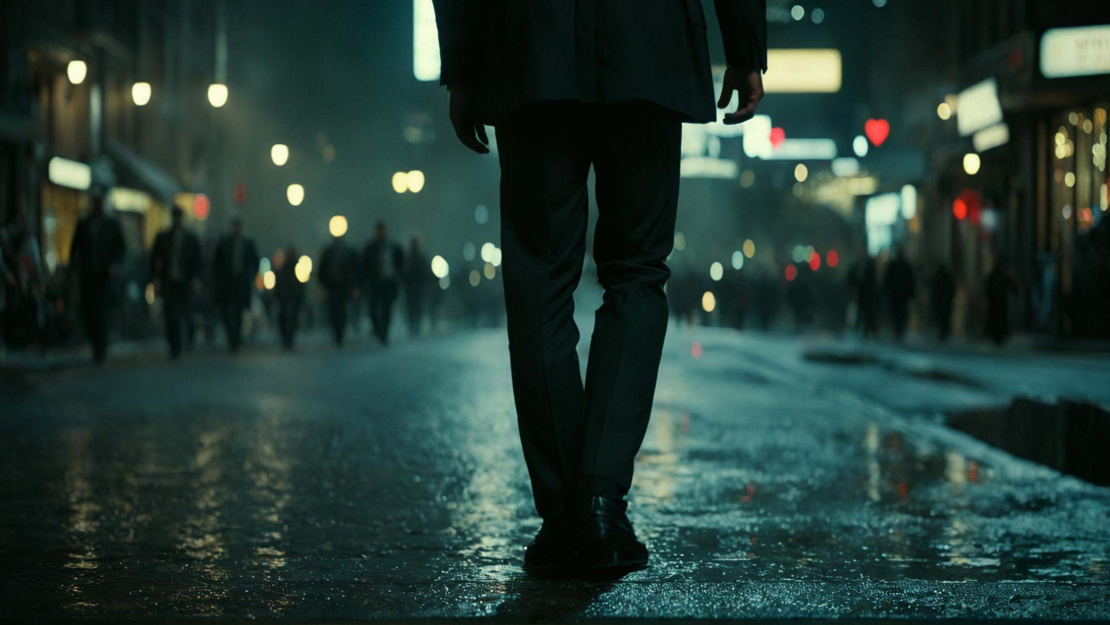 cinematic film still of perfection style detailed anamorphic bokeh style the dark knight walking streets of Gotham city at...