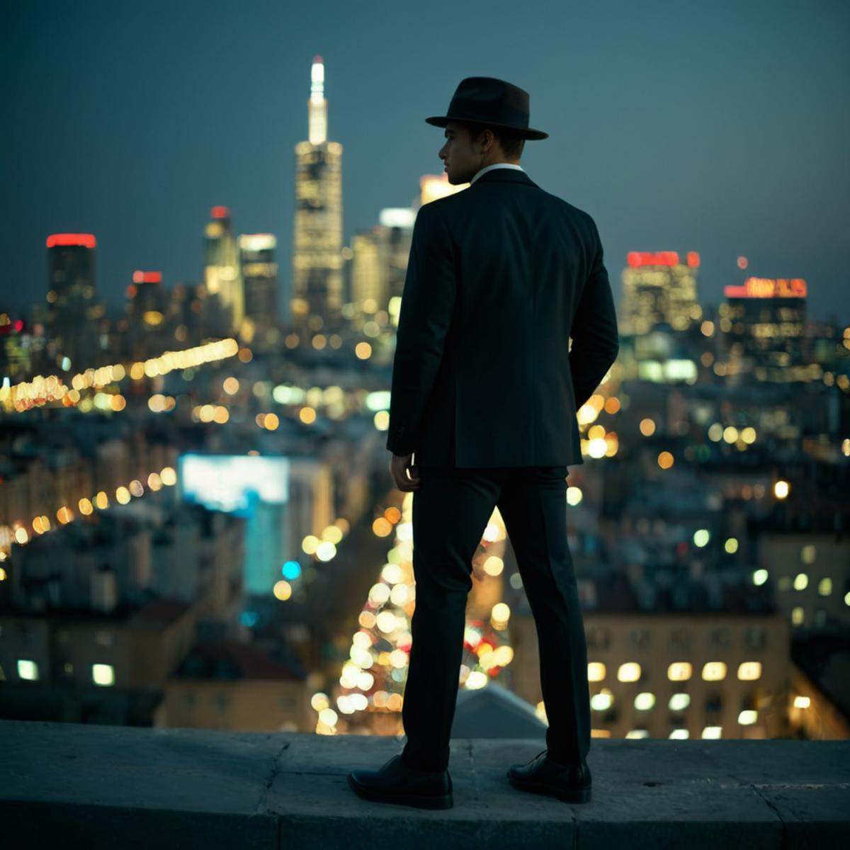 cinematic film still of perfection style detailed Anamorphic bokeh style of a man standing on a ledge looking at a city,...