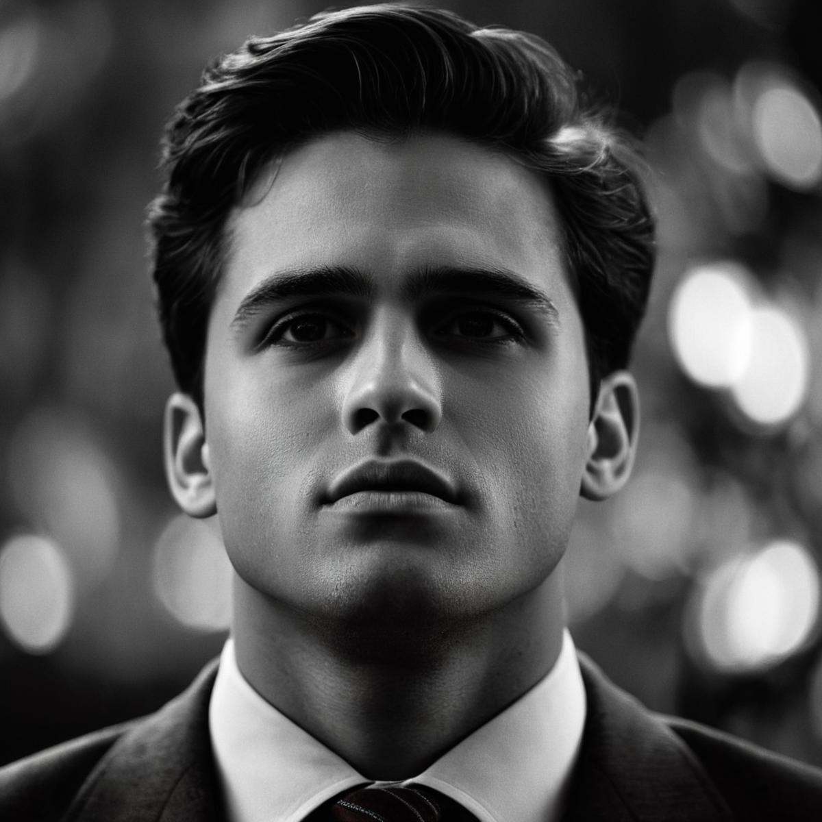 cinematic film still of perfection style detailed Anamorphic bokeh style of a man with a tie on looking at something,  det...