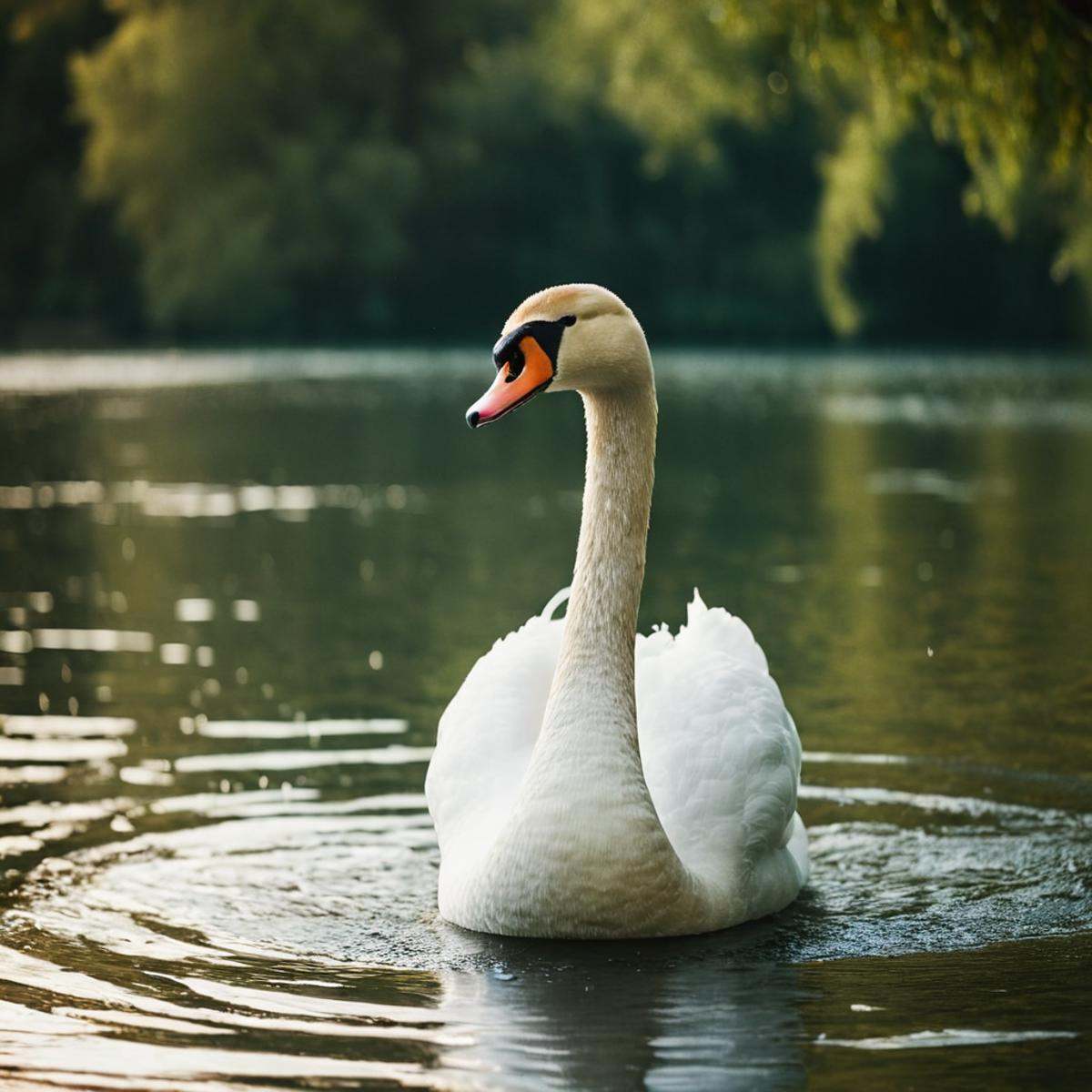 cinematic film still of perfection style detailed Anamorphic bokeh style of a swan is standing in the water with its beak...