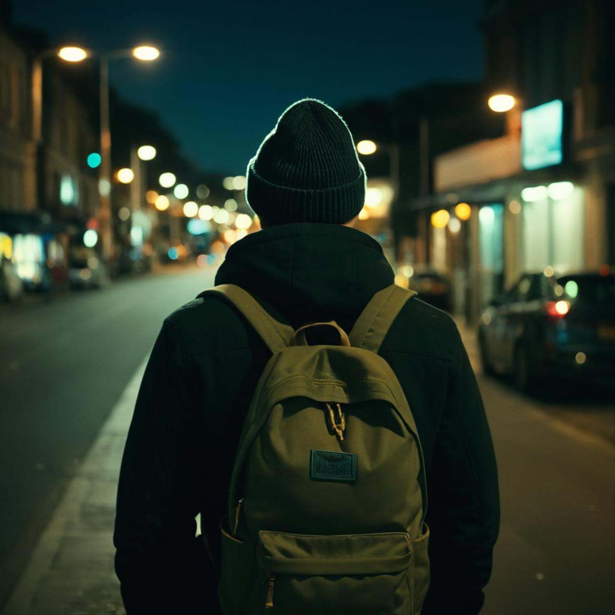 cinematic film still of perfection style detailed Anamorphic bokeh style of a person with a backpack walking down a street...
