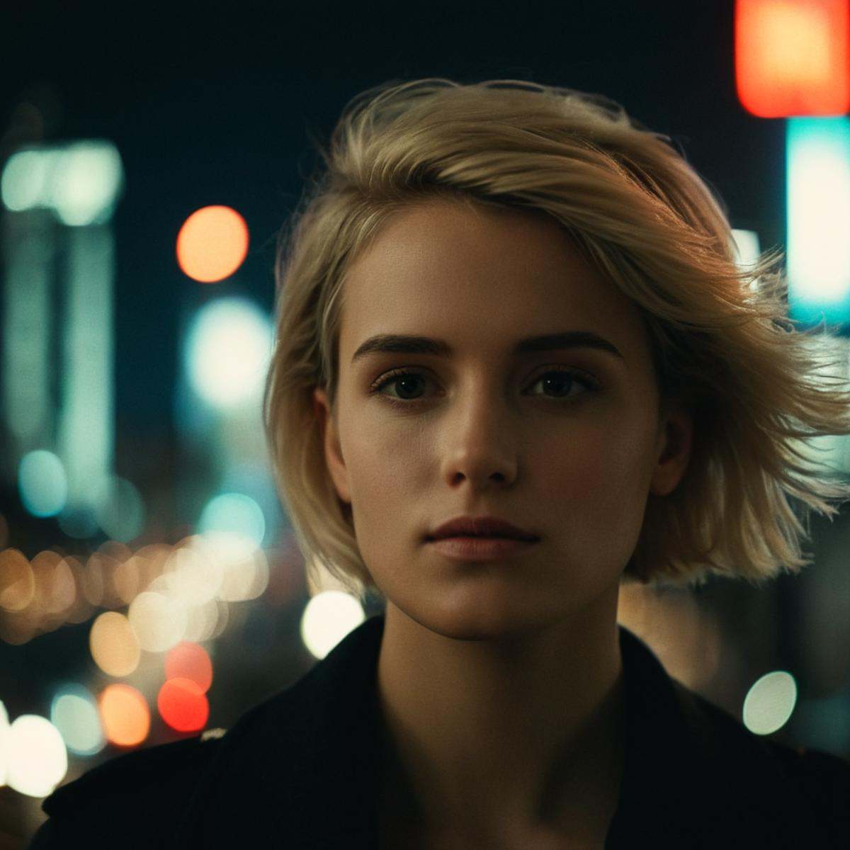cinematic film still of perfection style detailed Anamorphic bokeh style of a woman standing in front of a city at night,...