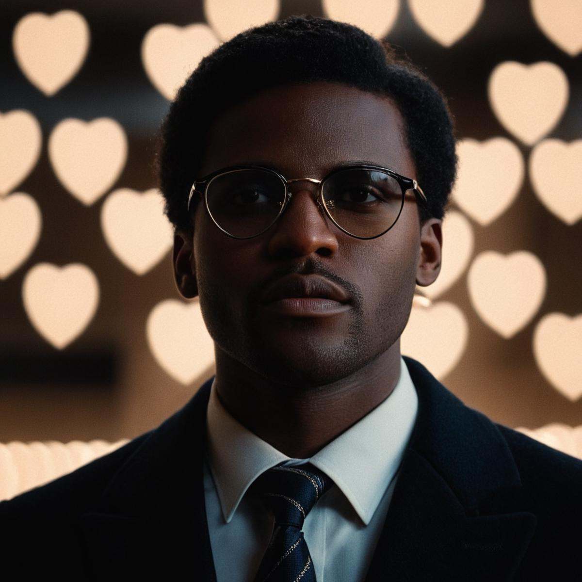 cinematic film still of perfection style detailed Anamorphic bokeh style of a man in a suit and tie standing in front of a...