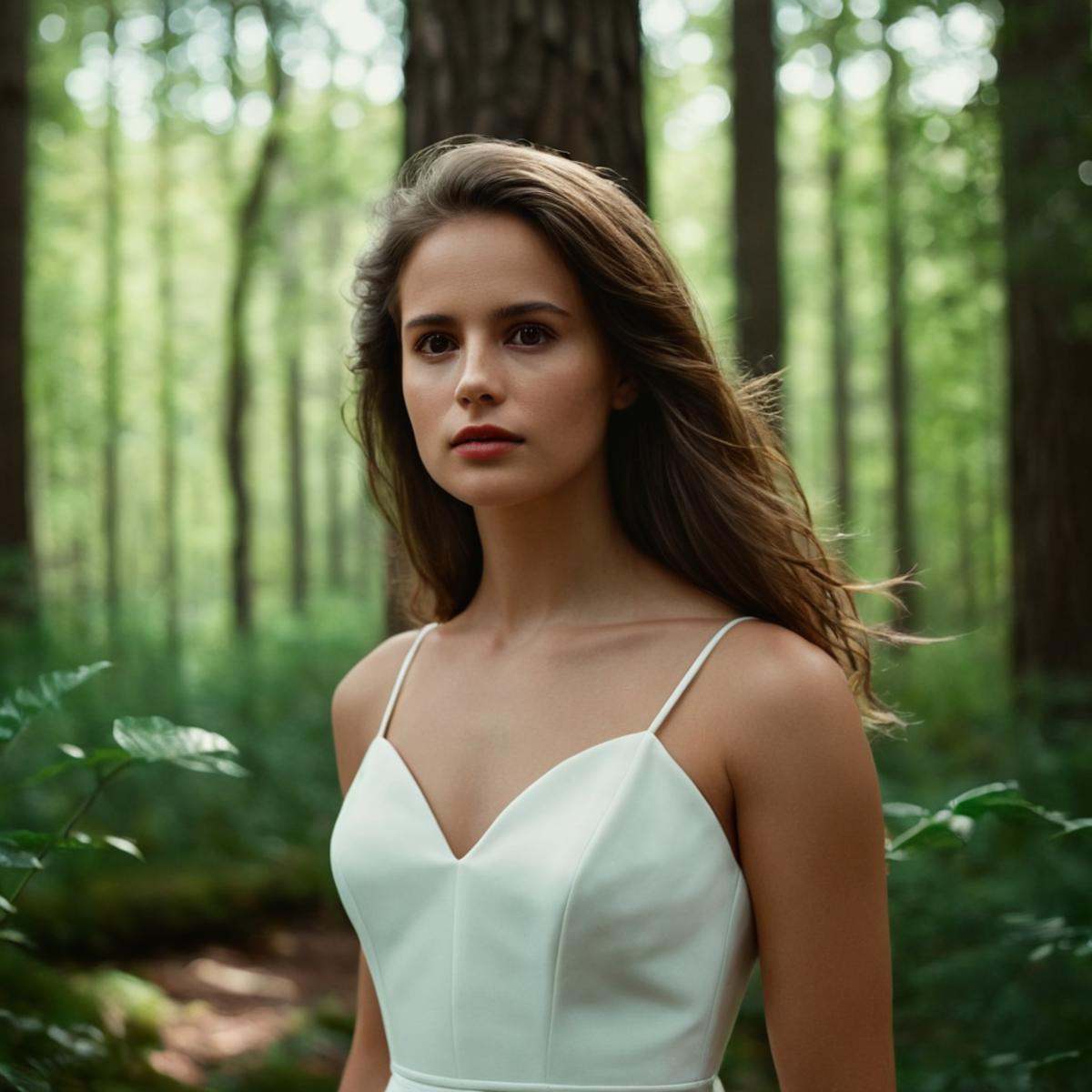 cinematic film still of perfection style detailed Anamorphic bokeh style of a woman in a white dress standing in a forest,...
