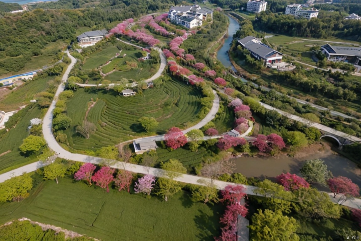 Natural landscape, aerial view, a B&B with white mixed wood veneer, beside a river, surrounded by various trees, 樱花树,紫薇树,including crape myrtle trees, red maples, and a cement road, sunny, high quality, masterpiece,overpass