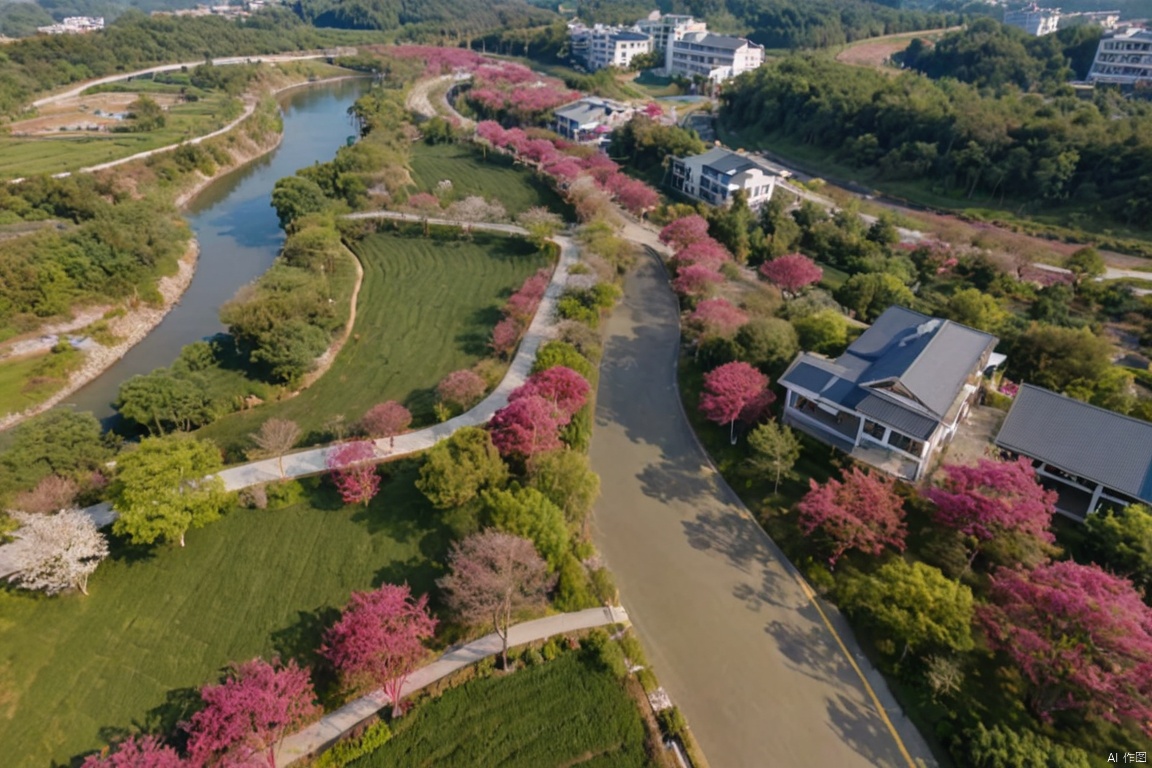 Natural landscape, aerial view, a B&B with white mixed wood veneer, beside a river, surrounded by various trees, 樱花树,紫薇树,including crape myrtle trees, red maples, and a cement road, sunny, high quality, masterpiece,overpass