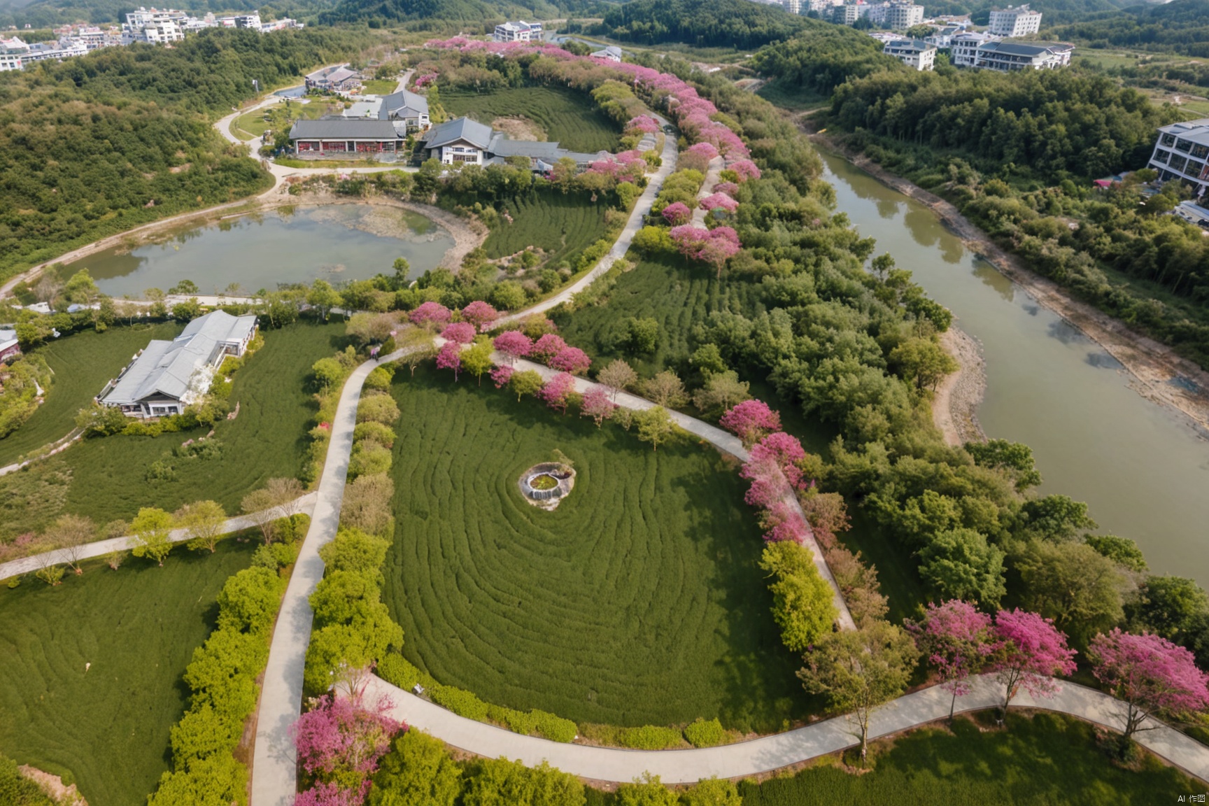 Natural landscape, aerial view, a B&B with white mixed wood veneer, beside a river, surrounded by various trees, 樱花树,紫薇树,including crape myrtle trees, red maples, and a cement road, sunny, high quality, masterpiece,overpass