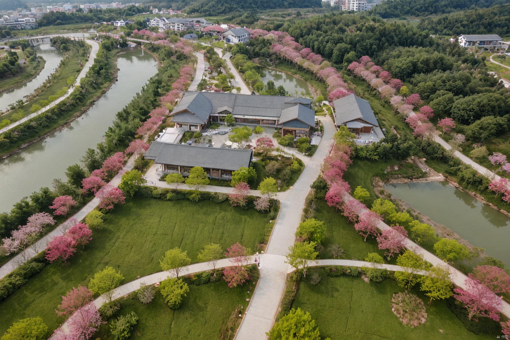 Natural landscape, aerial view, a B&B with white mixed wood veneer, beside a river, surrounded by various trees, 樱花树,紫薇树,including crape myrtle trees, red maples, and a cement road, sunny, high quality, masterpiece,overpass