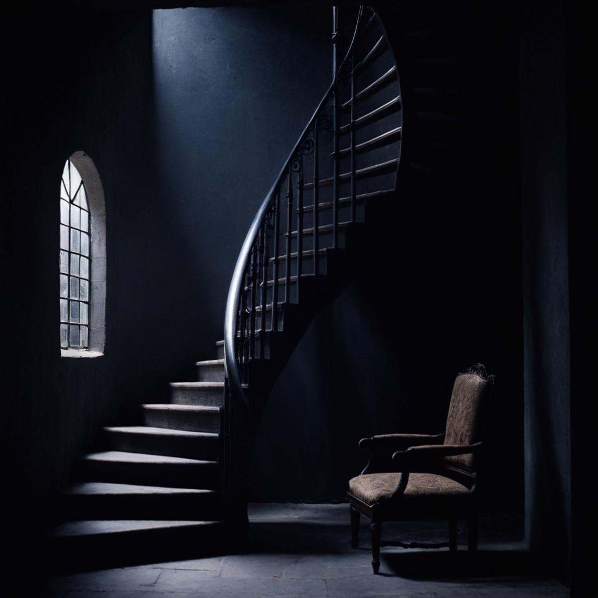cinematic film still of perfection style detailed Chiaroscuro Lighting Style of a spiral staircase in a dark room with a c...