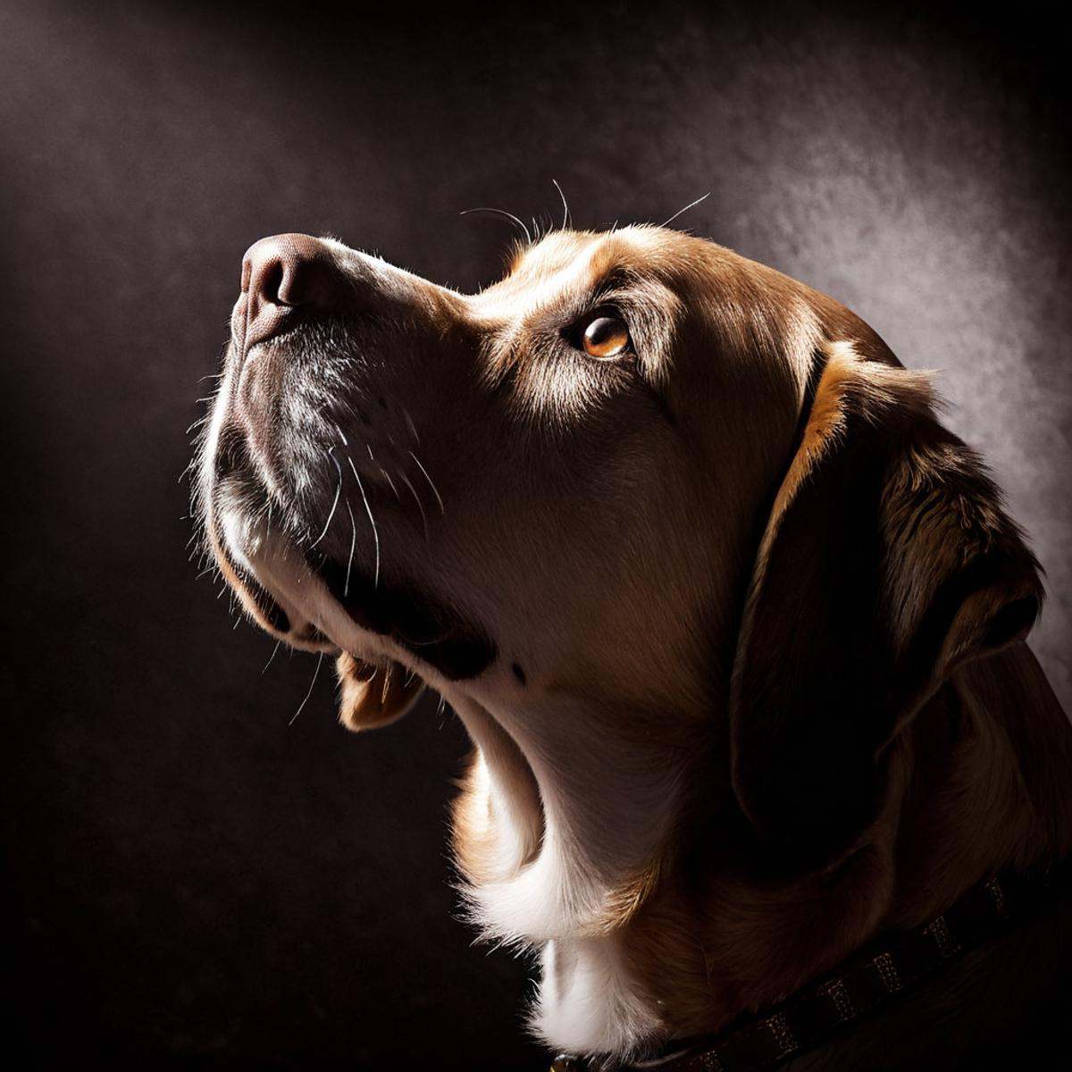 cinematic film still of perfection style detailed Chiaroscuro Lighting Style of a dog is looking up at something in the da...