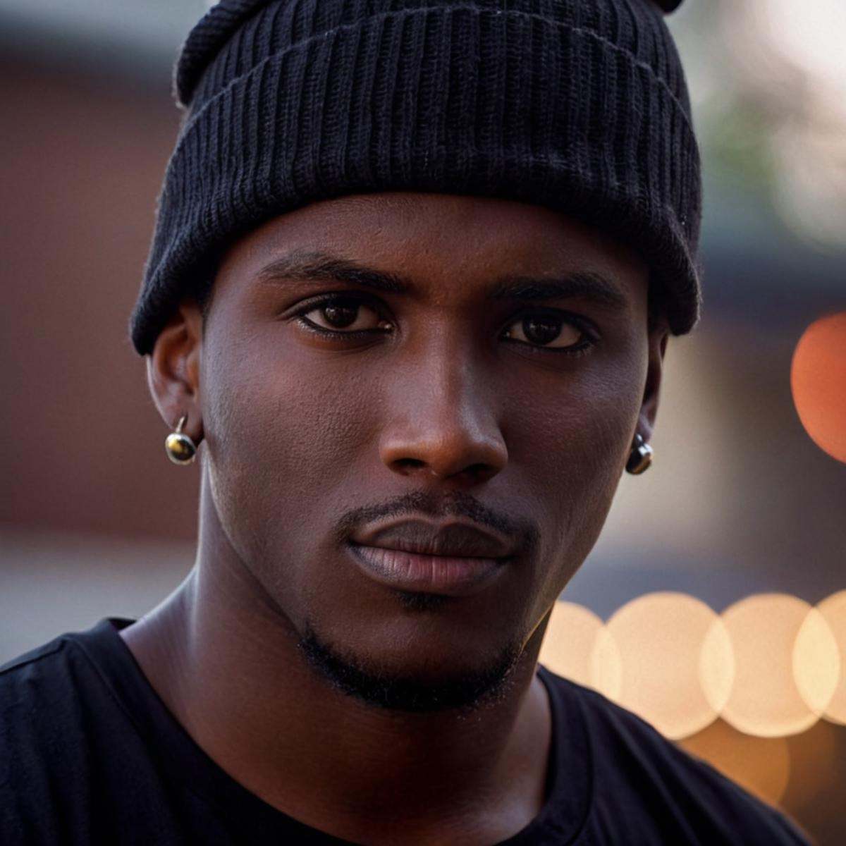 cinematic film still of perfection style detailed Chiaroscuro Lighting Style of a man in a black shirt and a black hat,  s...