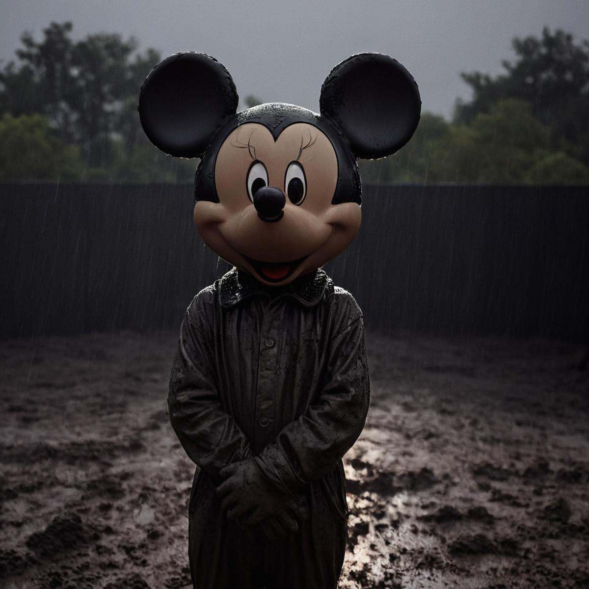cinematic film still of perfection style detailed Chiaroscuro Lighting Style of a mickey mouse statue is covered in mud,...