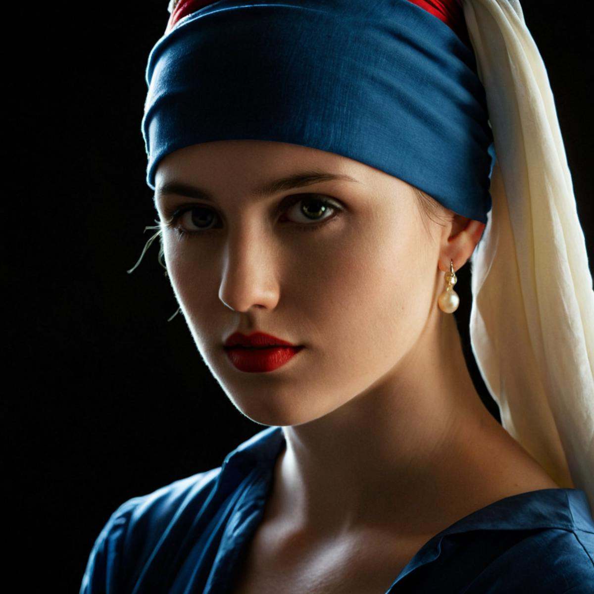 cinematic film still of perfection style detailed Chiaroscuro Lighting Style of a painting of a girl with a pearl earring,...