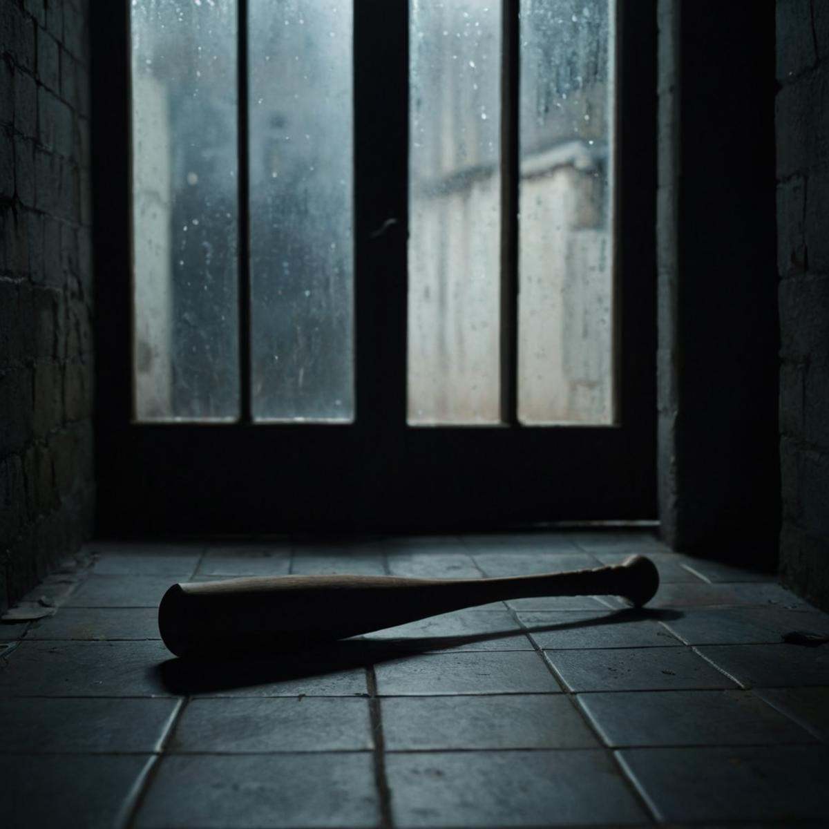 cinematic film still of perfection style detailed Chiaroscuro Lighting Style of a person holding a bat in a dark room,  sh...