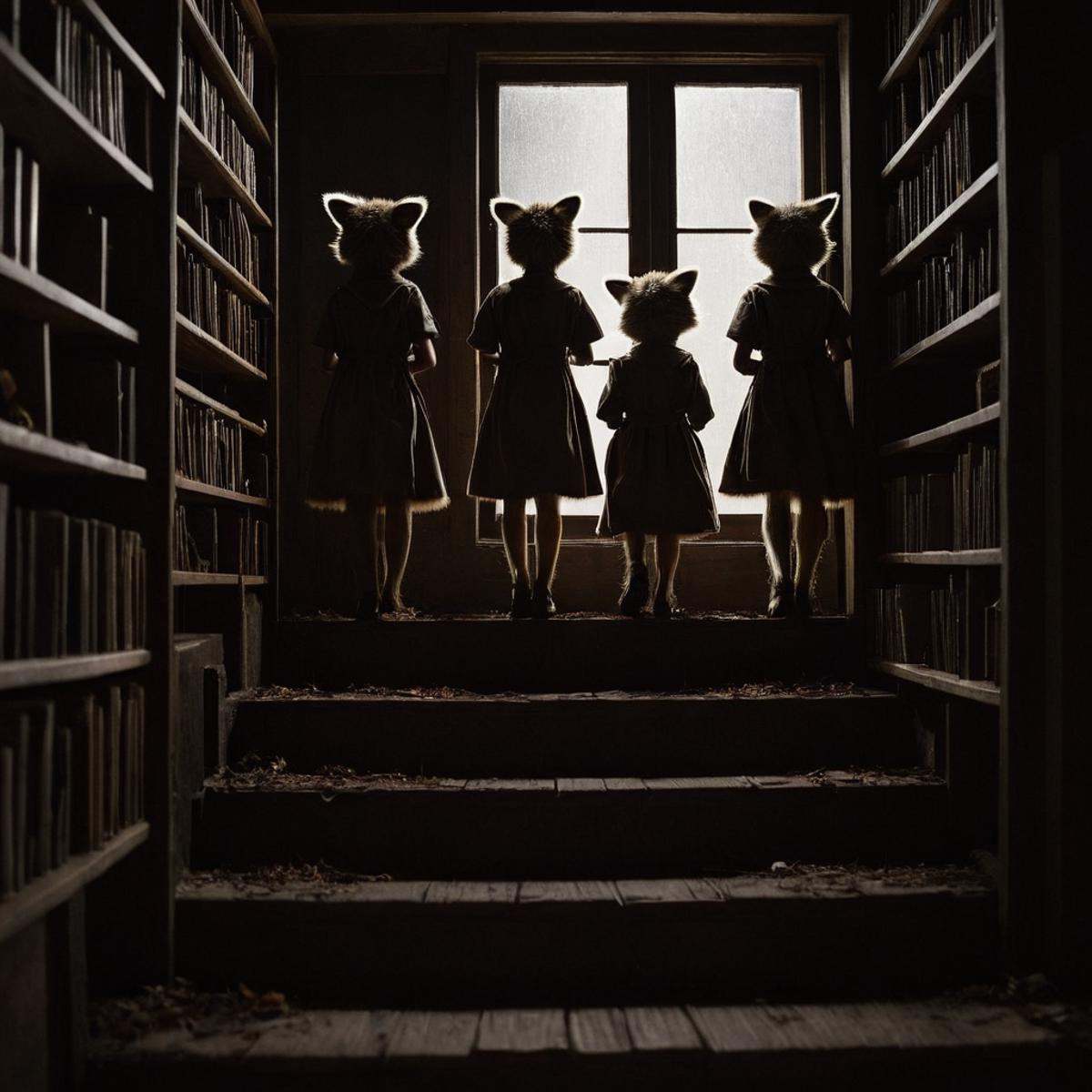 cinematic film still of perfection style detailed Chiaroscuro Lighting Style of a room with a lot of shelves of different...