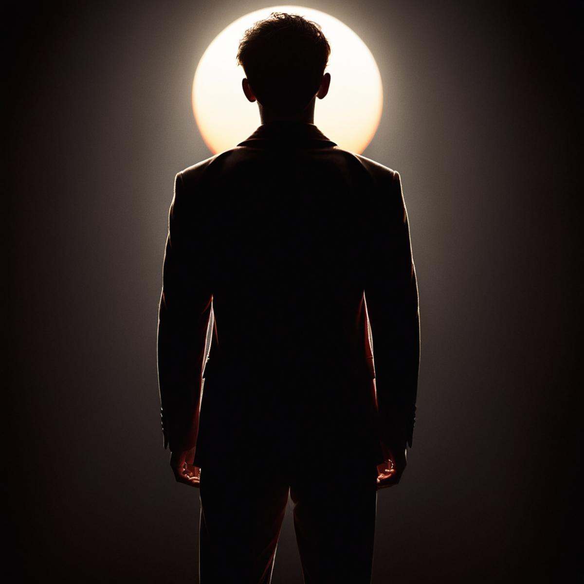 cinematic film still of perfection style detailed Chiaroscuro Lighting Style of a man standing in front of a bright sun,...