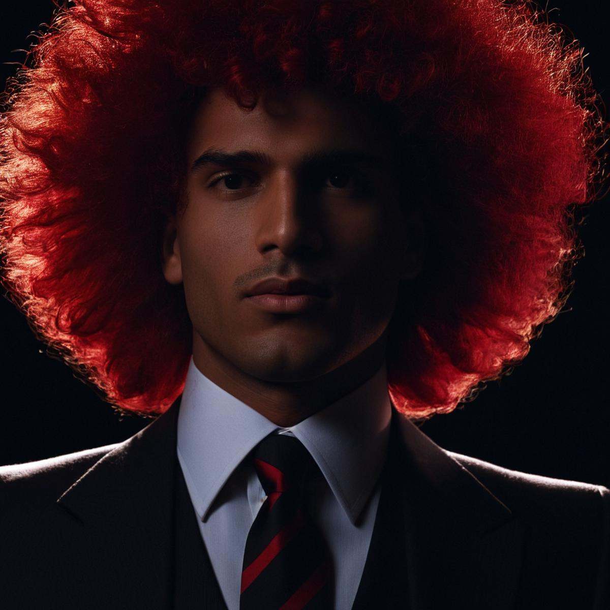 cinematic film still of perfection style detailed Chiaroscuro Lighting Style of a man with a red wig and a tie,  sharp,  d...