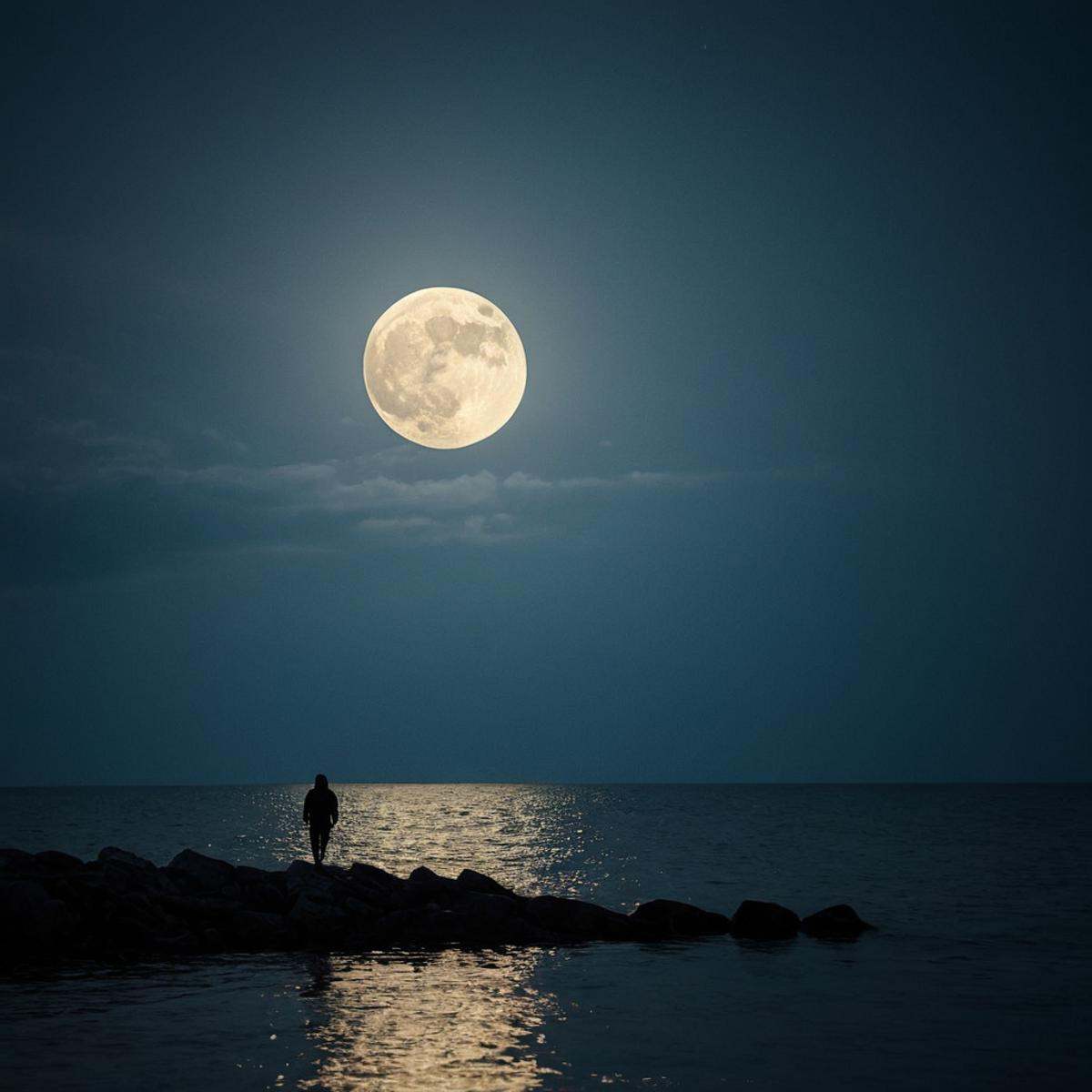 cinematic film still of perfection style detailed Chiaroscuro Lighting Style of a full moon is shining over the water,  sh...