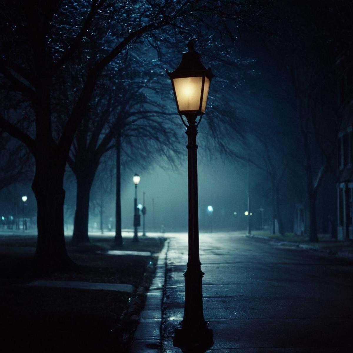 cinematic film still of perfection style detailed Chiaroscuro Lighting Style of a street light in the dark with a street l...