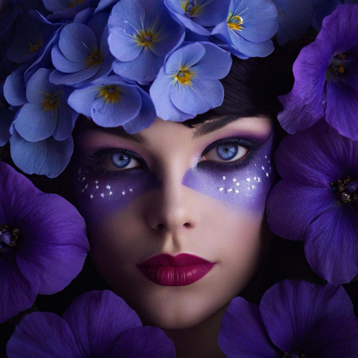 cinematic film still of perfection style detailed Chiaroscuro Lighting Style of a woman with a mask and flowers on her hea...