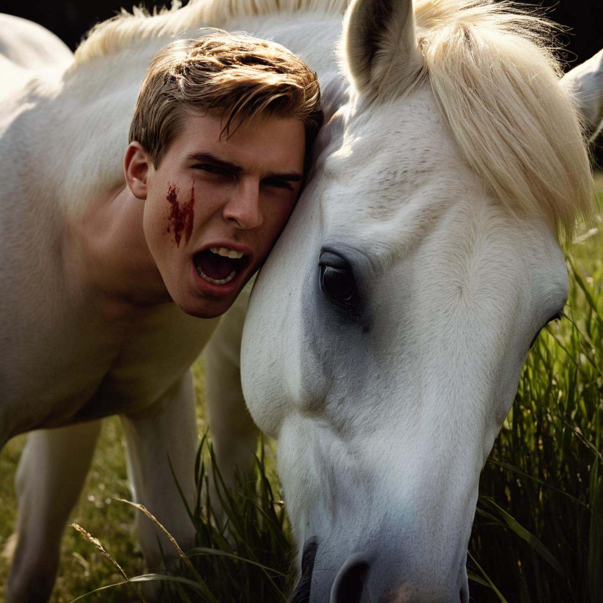 cinematic film still of perfection style detailed Chiaroscuro Lighting Style of a painting of a white horse eating grass,...