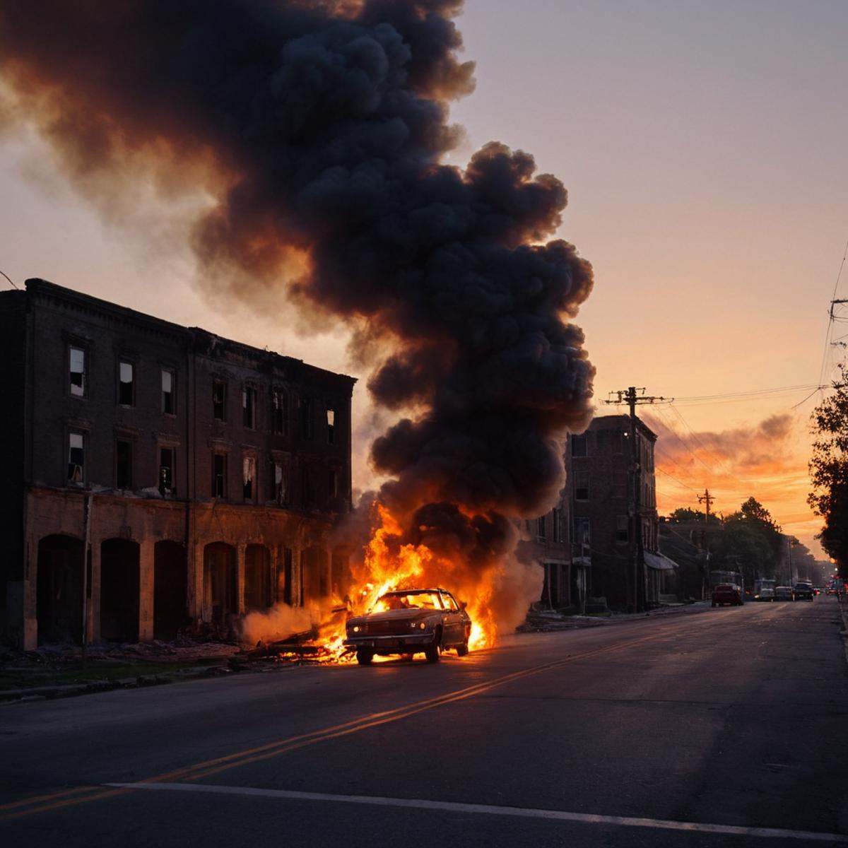cinematic film still of perfection style detailed Chiaroscuro Lighting Style of a fire is raging through a building at nig...