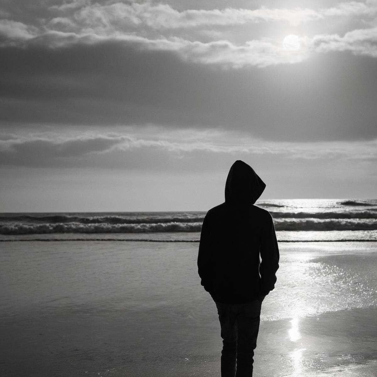 cinematic film still of perfection style detailed Chiaroscuro Lighting Style of a person standing on a beach next to the o...