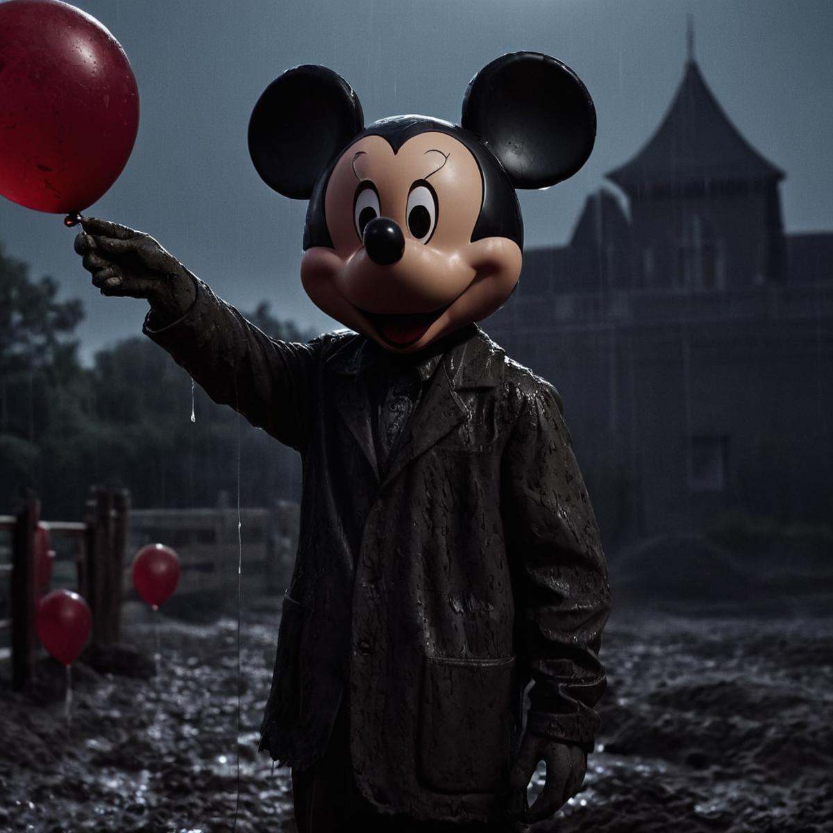 cinematic film still of perfection style detailed Chiaroscuro Lighting Style of a mickey mouse statue is covered in mud,...