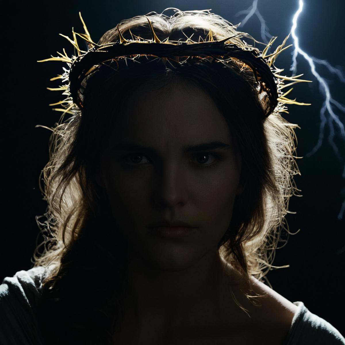 cinematic film still of perfection style detailed Chiaroscuro Lighting Style of a crown of thorns with a lightning in the...