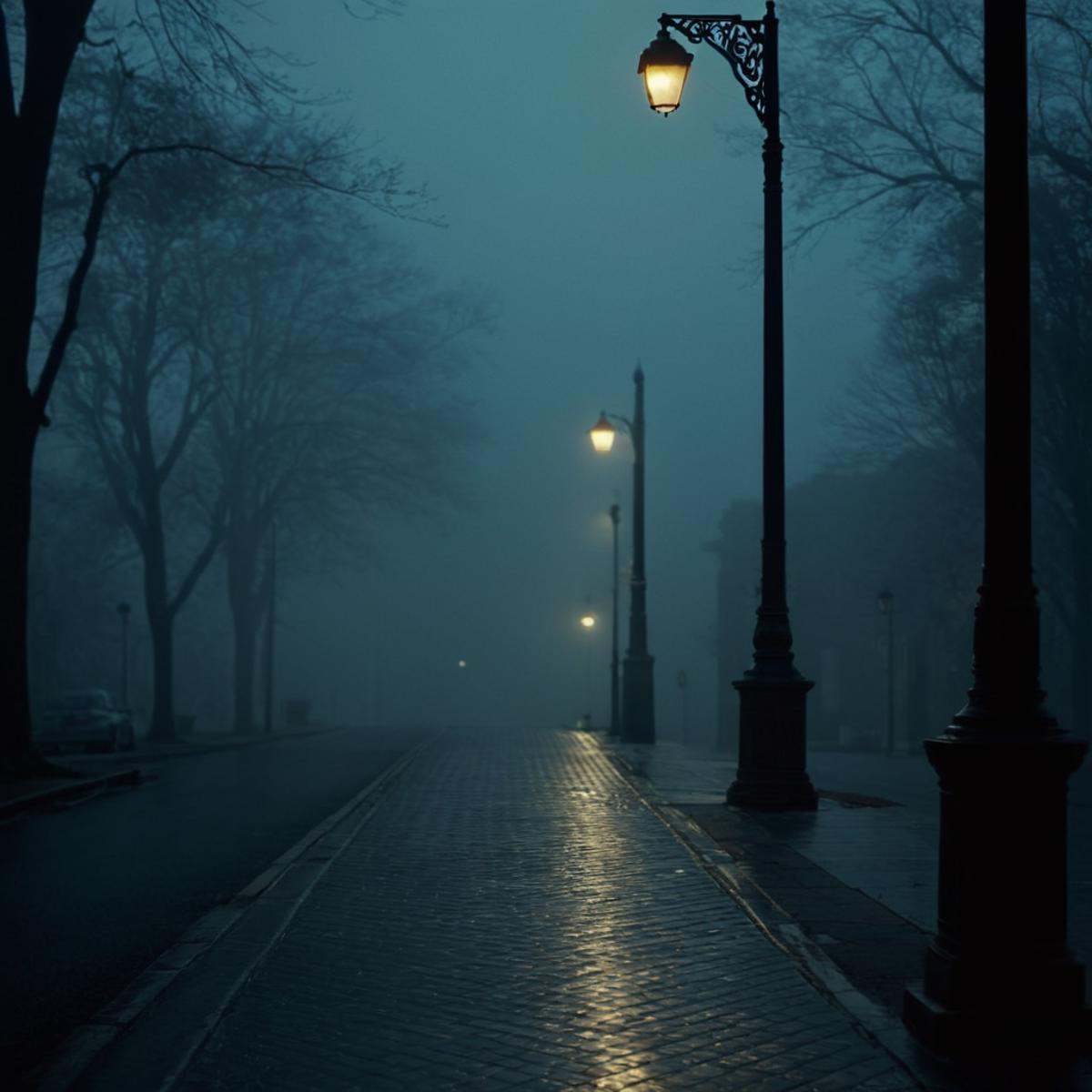 cinematic film still of perfection style detailed Chiaroscuro Lighting Style of a street light in a foggy city,  sharp,  d...