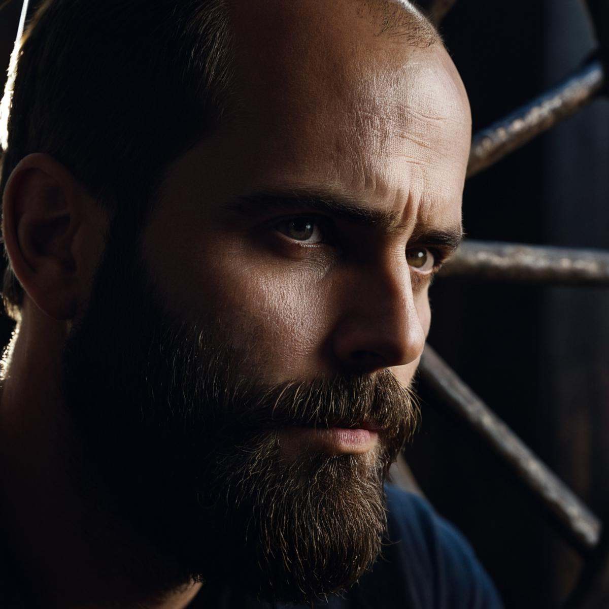 cinematic film still of perfection style detailed Chiaroscuro Lighting Style of a man with a beard and a beardless face lo...