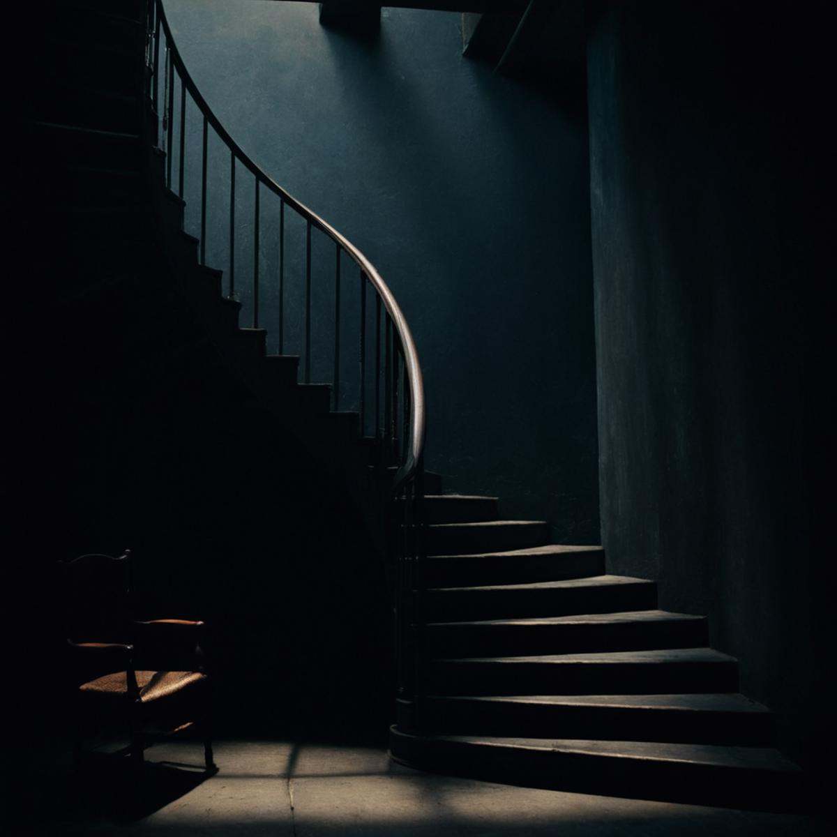 cinematic film still of perfection style detailed Chiaroscuro Lighting Style of a spiral staircase in a dark room with a c...