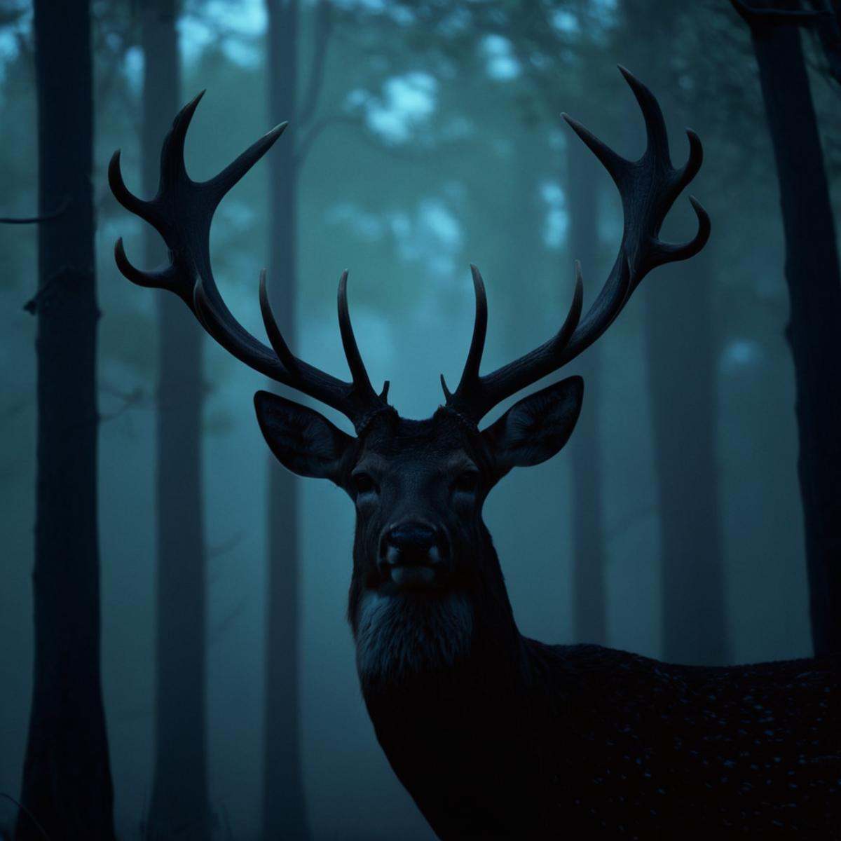 cinematic film still of perfection style detailed Chiaroscuro Lighting Style of a deer with horns and glowing eyes in the...