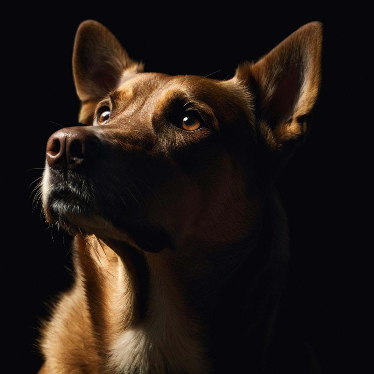 cinematic film still of Chiaroscuro Lighting Style of a dog is looking up at something in the dark,  sharp,  detailed on T...