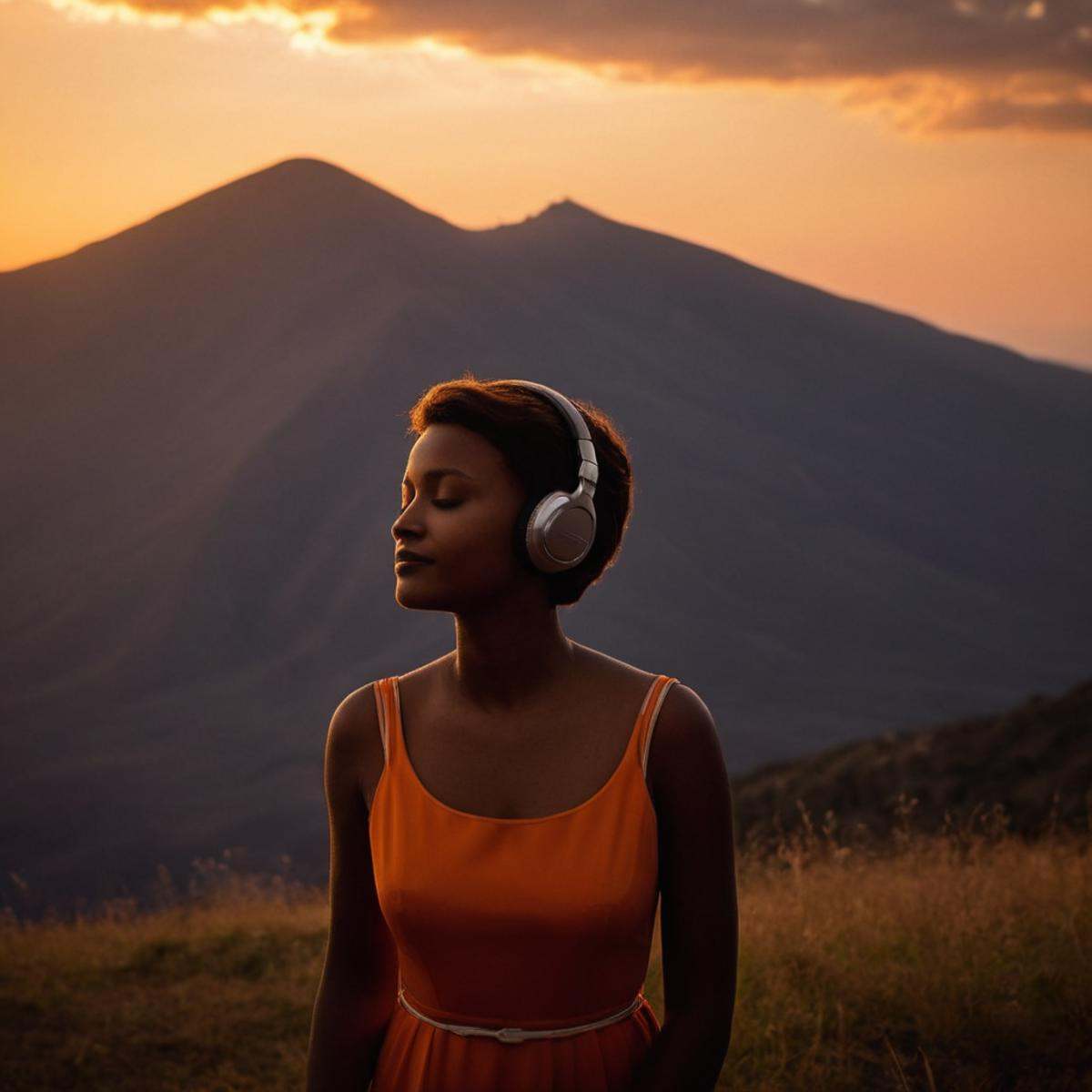 cinematic film still of perfection style detailed Chiaroscuro Lighting Style of two people standing on a hill at sunset,...