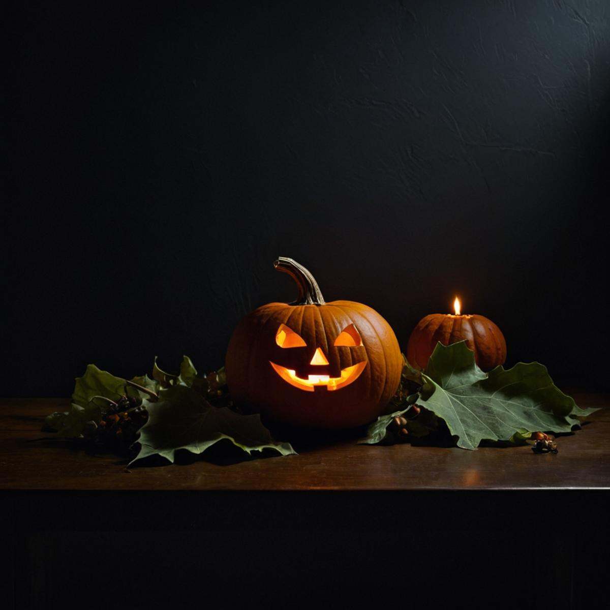 cinematic film still of perfection style detailed Chiaroscuro Lighting Style of a table with a candle,  pumpkins,  and oth...