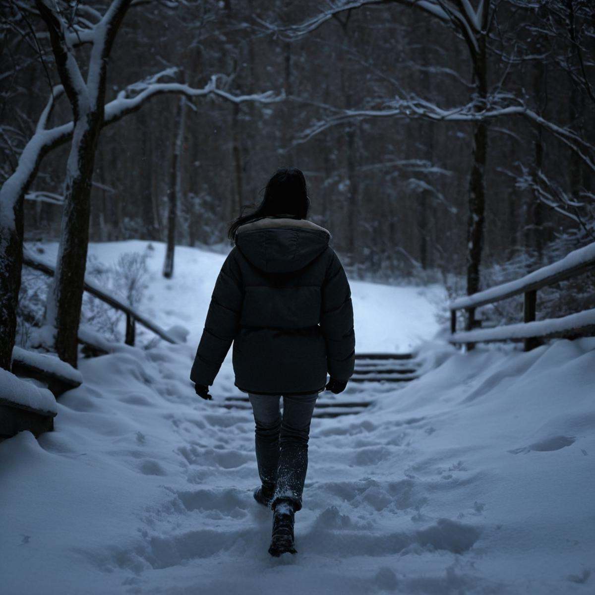 cinematic film still of perfection style detailed Chiaroscuro Lighting Style of a woman walking down a snow covered path,...