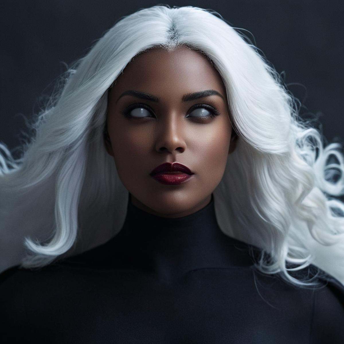 cinematic film still of In perfect eye style a photo of a White sclera eyes of a woman with white hair and a black outfit,...