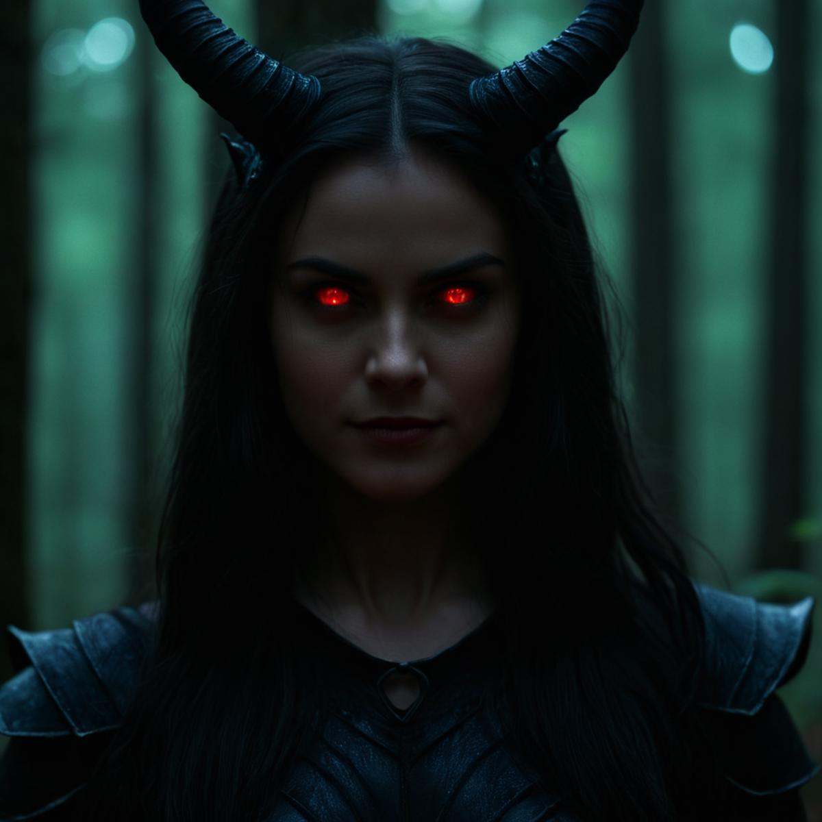 cinematic film still of In perfect eye style a photo of a red glowing sclera eyes of a woman with horns and full red glowi...