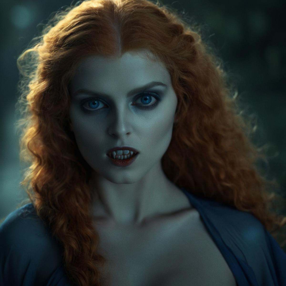 cinematic film still of very big reflective blue eyes naked vampire woman with orange hair,  shallow depth of field,  vign...