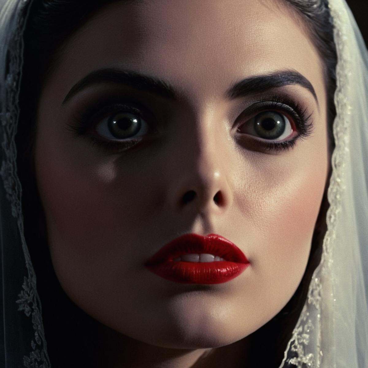cinematic film still of very big eyes closeup,  15th-century 1897 a vampire woman with a creepy look on her face staring a...