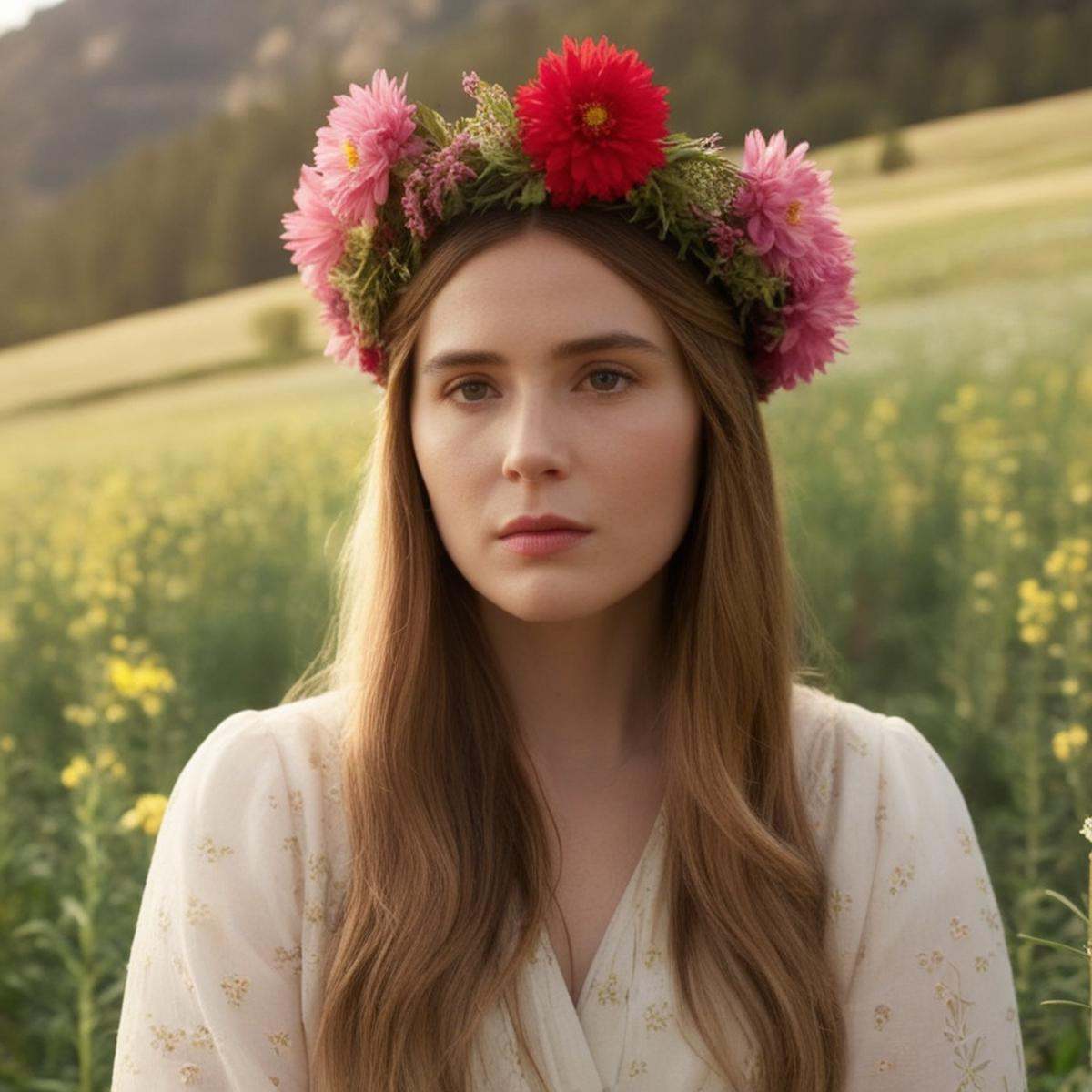 (Sharp Detailed Image)An Oscar winning movie for Best Cinematography a low angle shot of a woman with a flower crown on he...